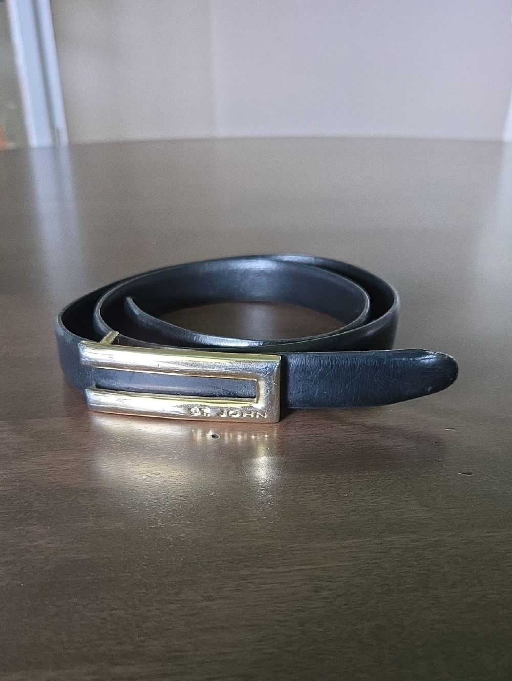 Vintage 90s St. John Black Leather Belt with Gold-tone Rectangular Buckle